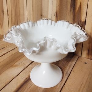 Vintage Fenton Silver Crest Milk Glass Compote Pedestal Candy Dish Ruffle Bowl